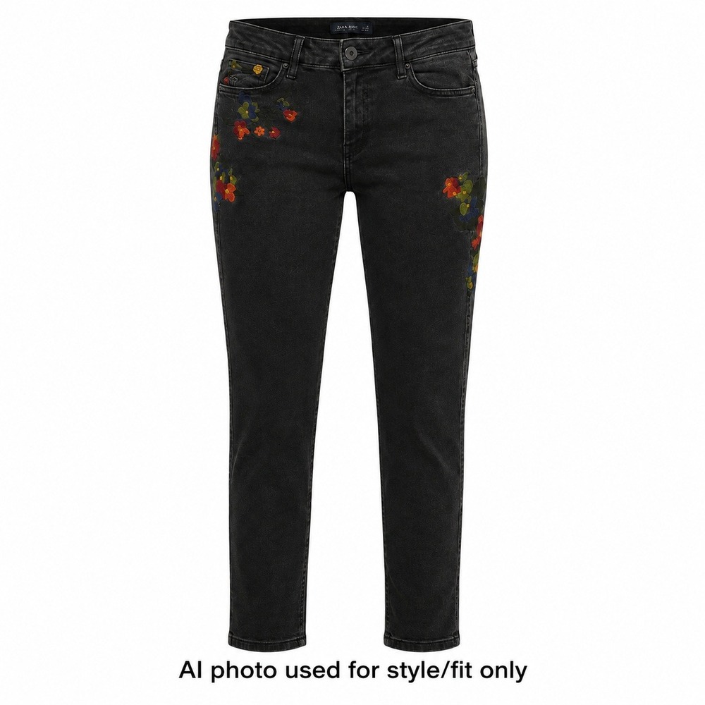 Zara‎ Floral Embroidered Skinny Jeans Women 6 Charcoal Black